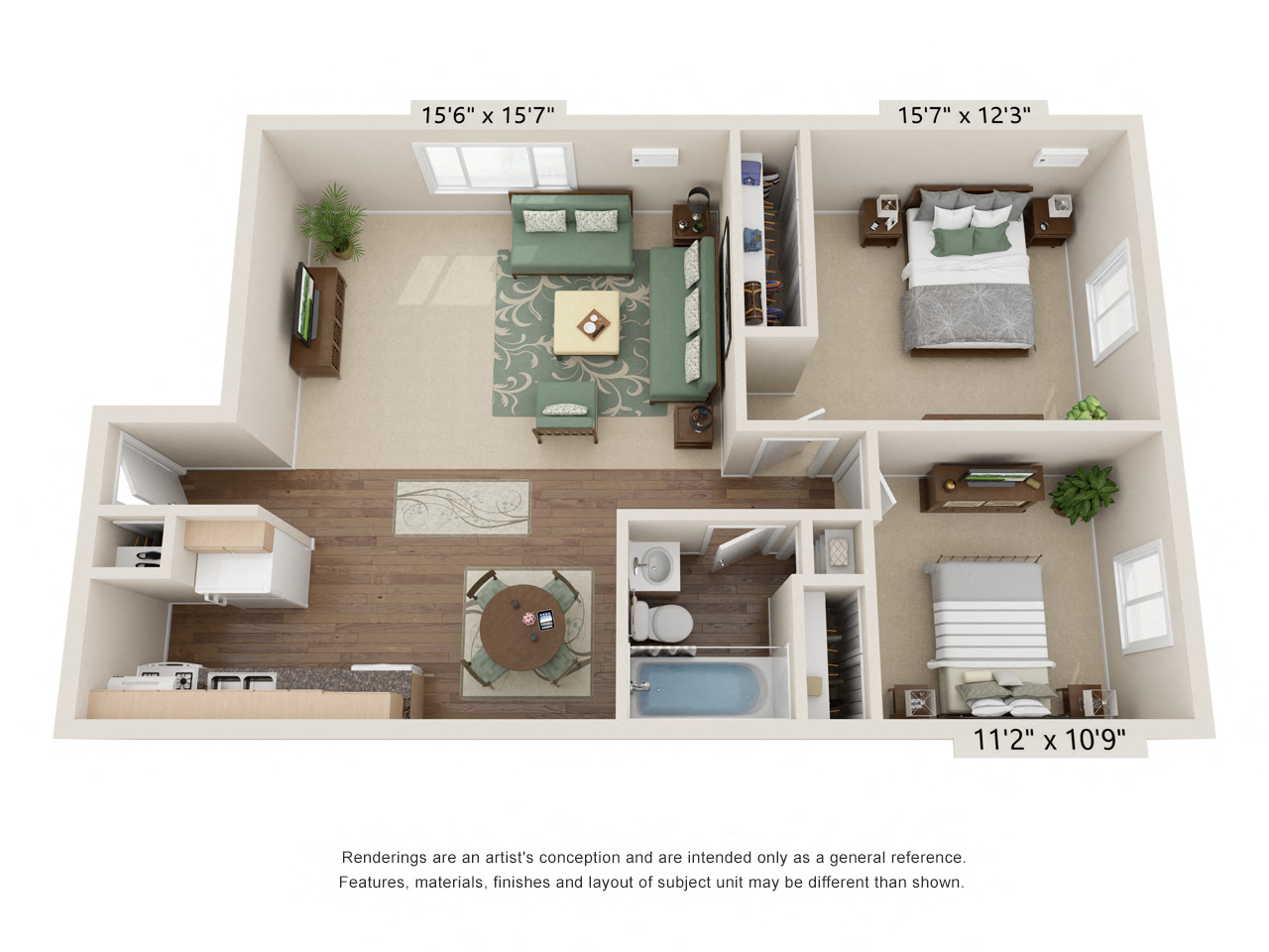 Floor plan for 2 beds, 1 bath, 900 sqft
